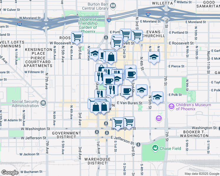 map of restaurants, bars, coffee shops, grocery stores, and more near 335 North Central Avenue in Phoenix