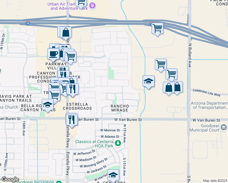 map of restaurants, bars, coffee shops, grocery stores, and more near 15154 West Fillmore Street in Goodyear
