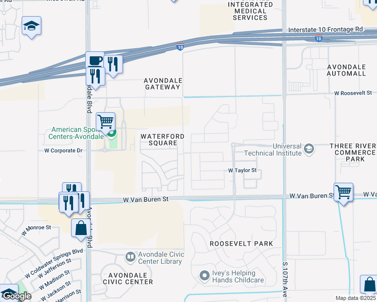 map of restaurants, bars, coffee shops, grocery stores, and more near 614 North 110th Drive in Avondale