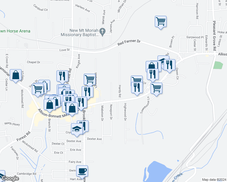 map of restaurants, bars, coffee shops, grocery stores, and more near 212 Newport Drive in Bessemer