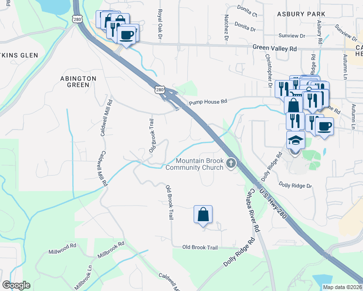 map of restaurants, bars, coffee shops, grocery stores, and more near 2205 Sterlingwood Drive in Birmingham
