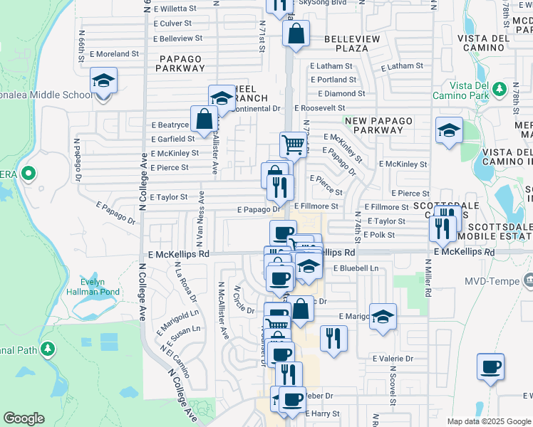 map of restaurants, bars, coffee shops, grocery stores, and more near 2100A North Scottsdale Road in Tempe