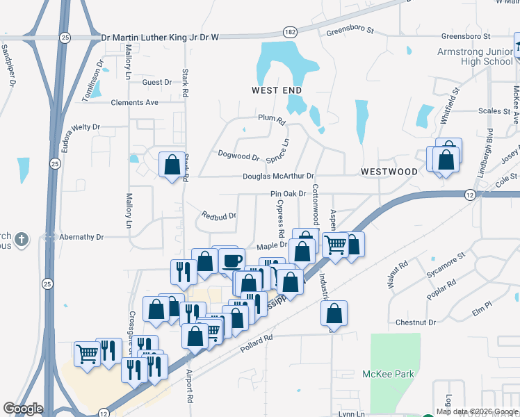 map of restaurants, bars, coffee shops, grocery stores, and more near 702 Ponderosa Drive in Starkville