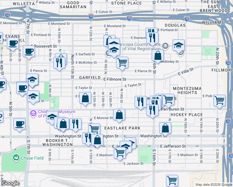 map of restaurants, bars, coffee shops, grocery stores, and more near 1336 East Polk Street in Phoenix