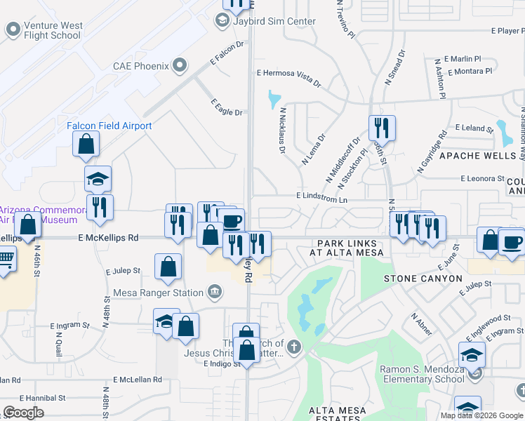 map of restaurants, bars, coffee shops, grocery stores, and more near 2047-2099 North Higley Road in Mesa