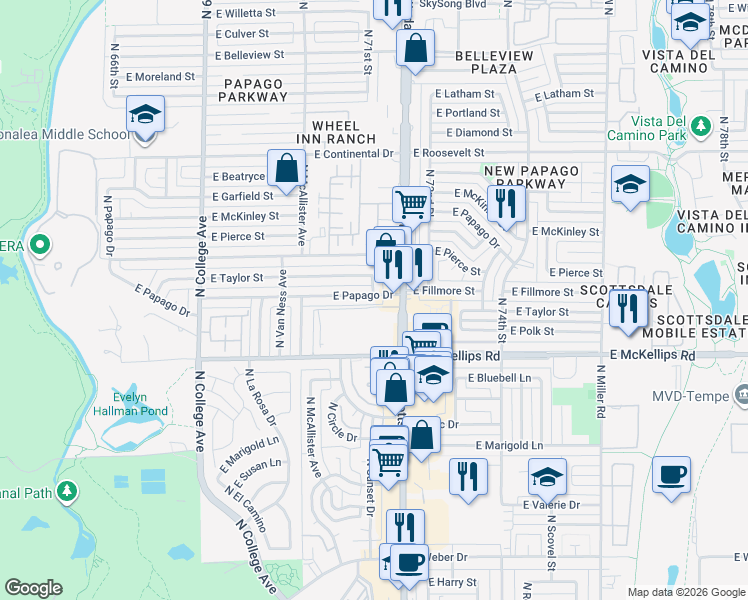 map of restaurants, bars, coffee shops, grocery stores, and more near 2100A North Scottsdale Road in Tempe