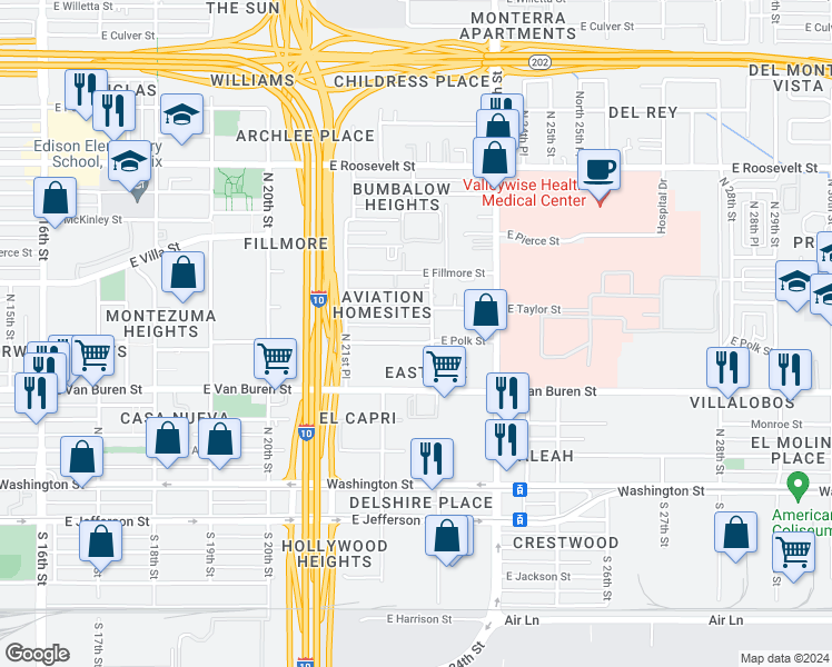 map of restaurants, bars, coffee shops, grocery stores, and more near 2226 East Polk Street in Phoenix
