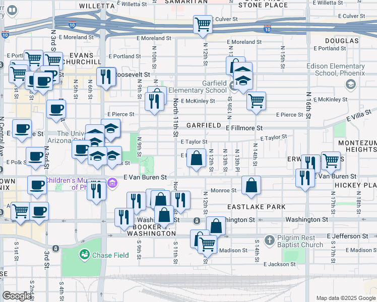 map of restaurants, bars, coffee shops, grocery stores, and more near 1134 East Polk Street in Phoenix