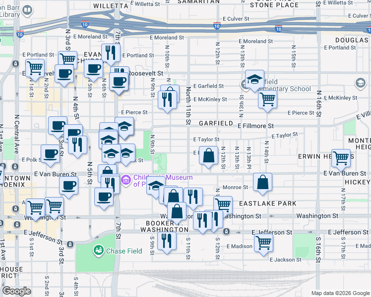 map of restaurants, bars, coffee shops, grocery stores, and more near 1032 East Polk Street in Phoenix