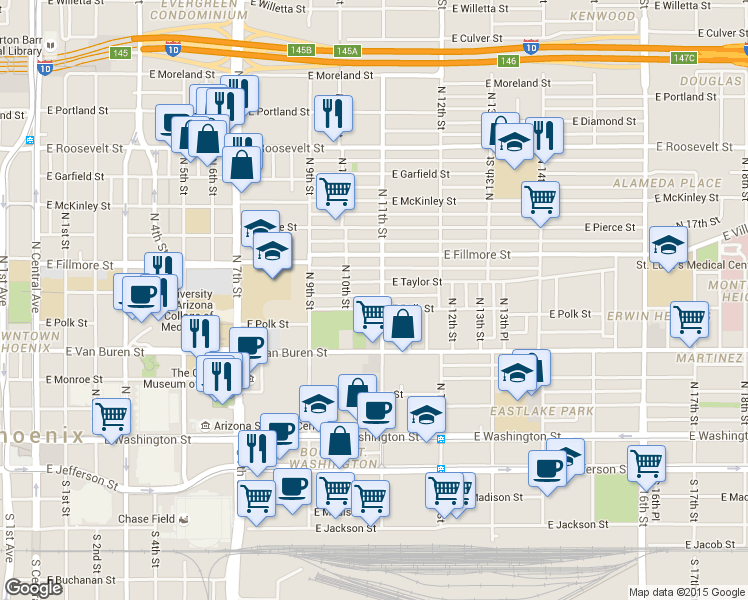 map of restaurants, bars, coffee shops, grocery stores, and more near 1032 East Polk Street in Phoenix