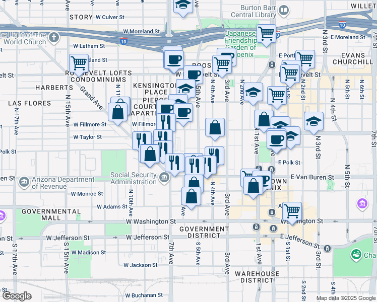 map of restaurants, bars, coffee shops, grocery stores, and more near 346 North 6th Avenue in Phoenix