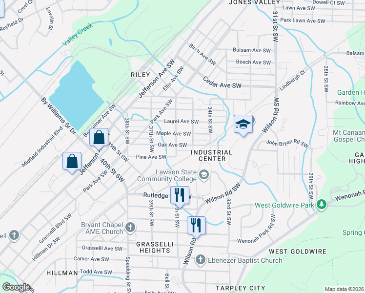 map of restaurants, bars, coffee shops, grocery stores, and more near 3505 Oak Avenue Southwest in Birmingham