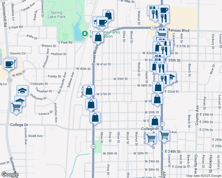 map of restaurants, bars, coffee shops, grocery stores, and more near 3715 Elizabeth Street in Texarkana