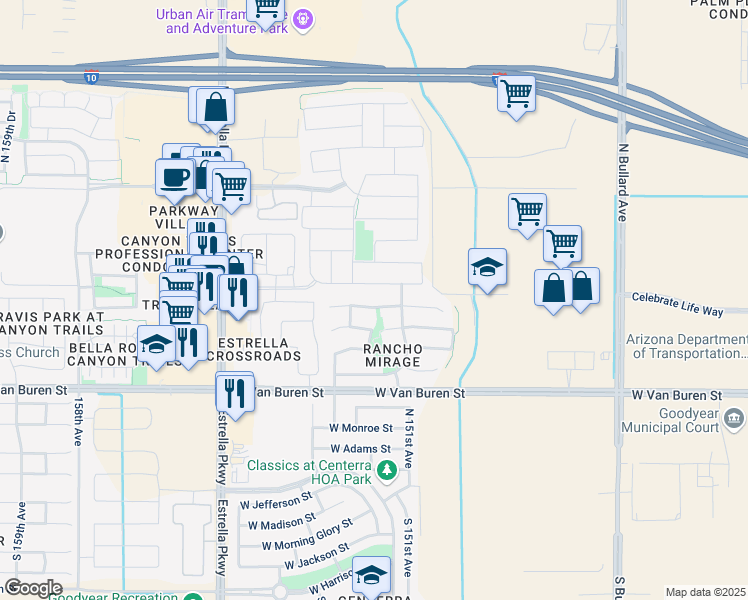 map of restaurants, bars, coffee shops, grocery stores, and more near 15154 West Fillmore Street in Goodyear