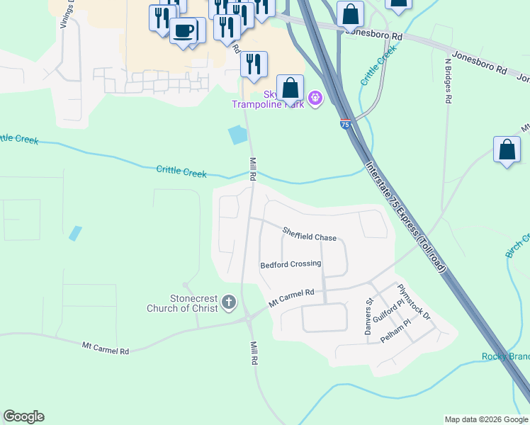 map of restaurants, bars, coffee shops, grocery stores, and more near 656 Hennepin Terrace in McDonough