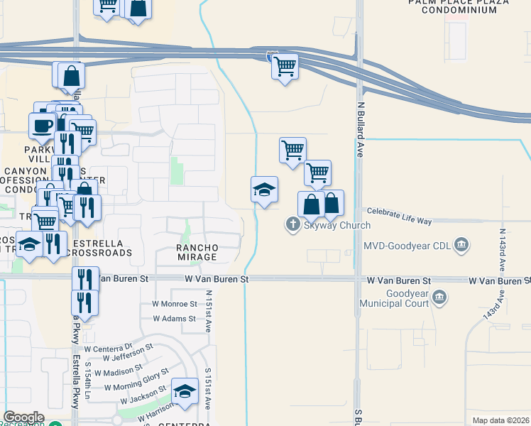 map of restaurants, bars, coffee shops, grocery stores, and more near 14900 West Van Buren Street in Goodyear