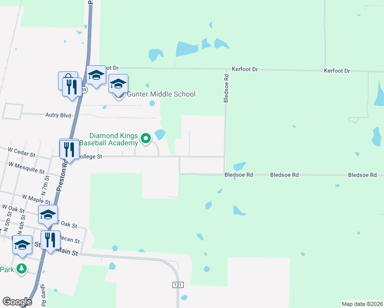 map of restaurants, bars, coffee shops, grocery stores, and more near 500 East College Street in Gunter
