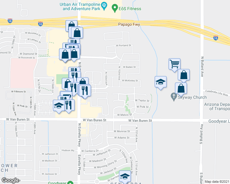 map of restaurants, bars, coffee shops, grocery stores, and more near 15236 West Fillmore Street in Goodyear