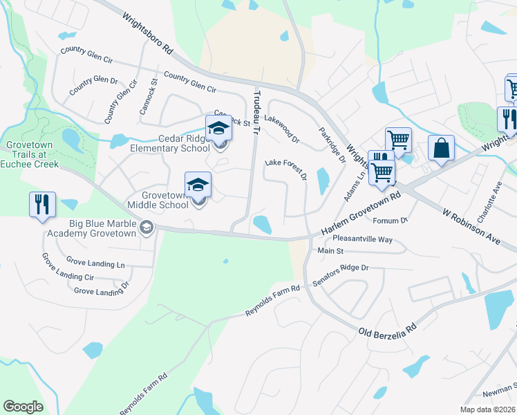map of restaurants, bars, coffee shops, grocery stores, and more near 5451 Harlem Grovetown Road in Grovetown
