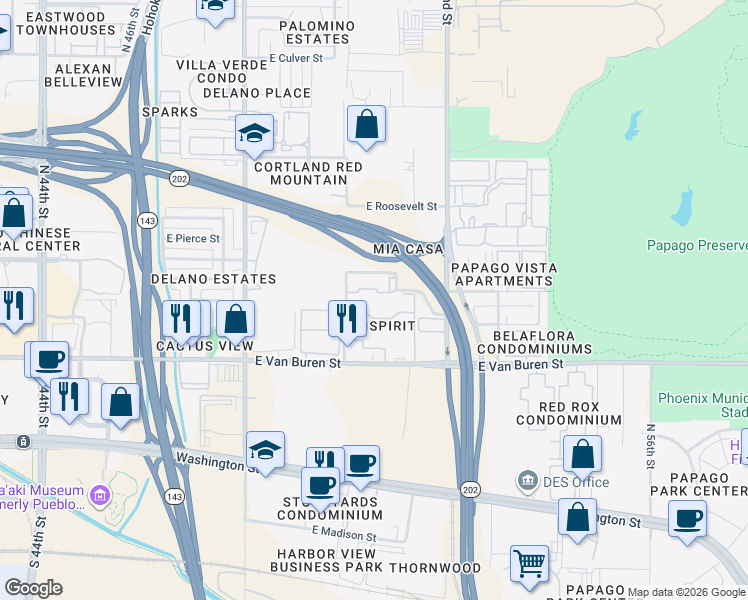 map of restaurants, bars, coffee shops, grocery stores, and more near 502 North 51st Street in Phoenix