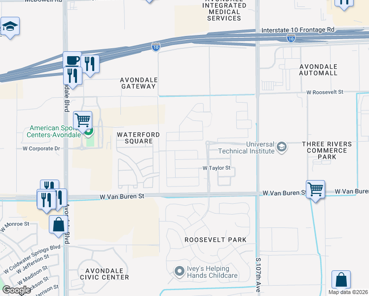 map of restaurants, bars, coffee shops, grocery stores, and more near 10977 West King Street in Avondale