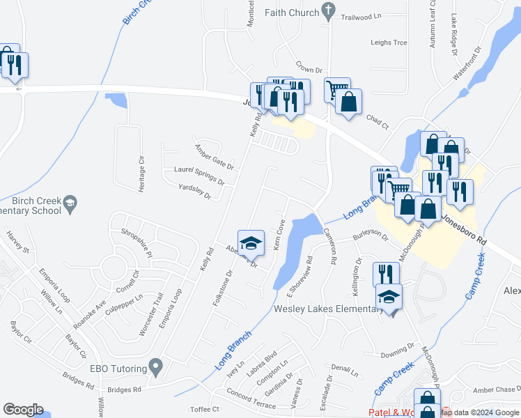 map of restaurants, bars, coffee shops, grocery stores, and more near 1182 Folkstone Drive in McDonough