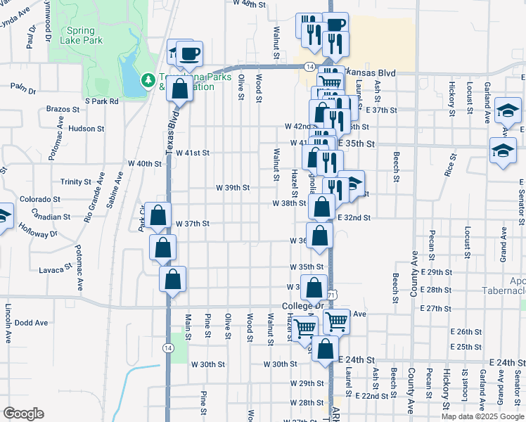 map of restaurants, bars, coffee shops, grocery stores, and more near 3712 Wood Street in Texarkana