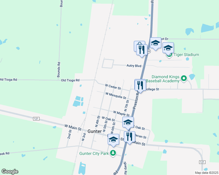 map of restaurants, bars, coffee shops, grocery stores, and more near 407 West Cedar Street in Gunter