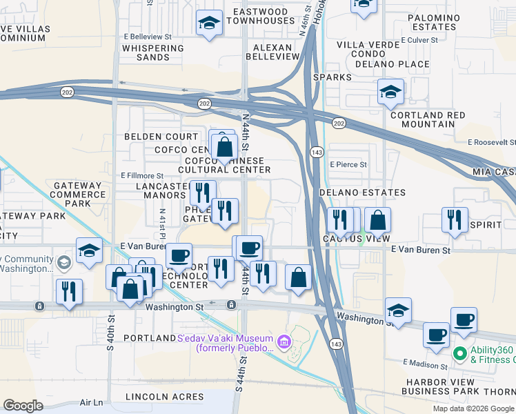 map of restaurants, bars, coffee shops, grocery stores, and more near 427 North 44th Street in Phoenix