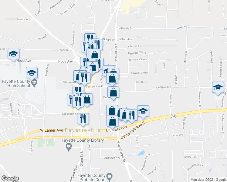 map of restaurants, bars, coffee shops, grocery stores, and more near 300 North Jeff Davis Drive in Fayetteville