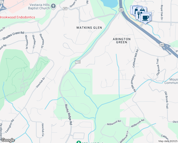 map of restaurants, bars, coffee shops, grocery stores, and more near 1724 Indian Creek Drive in Birmingham