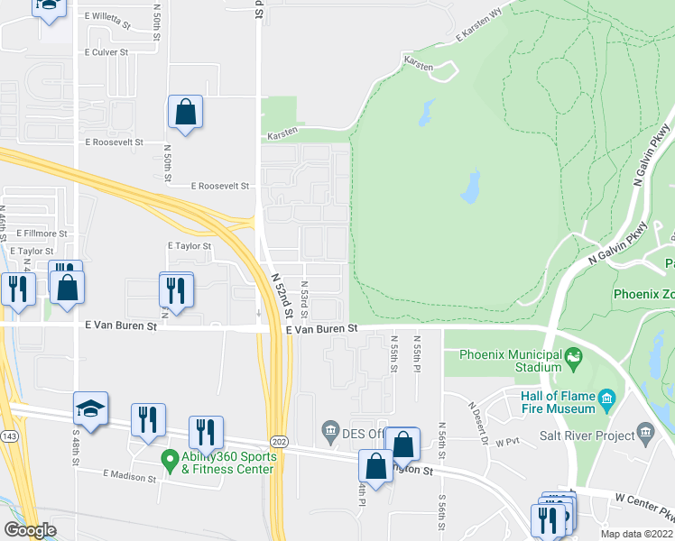 map of restaurants, bars, coffee shops, grocery stores, and more near 5335 East Taylor Street in Phoenix