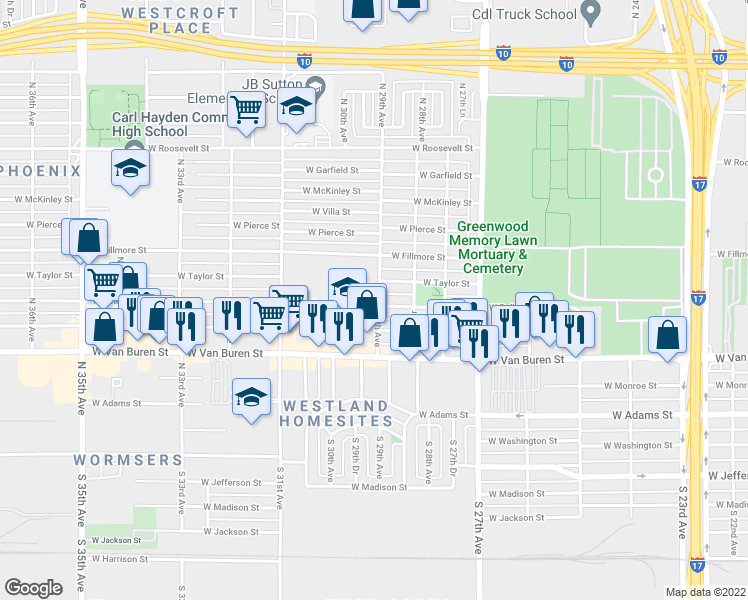 map of restaurants, bars, coffee shops, grocery stores, and more near 2902 West Polk Street in Phoenix