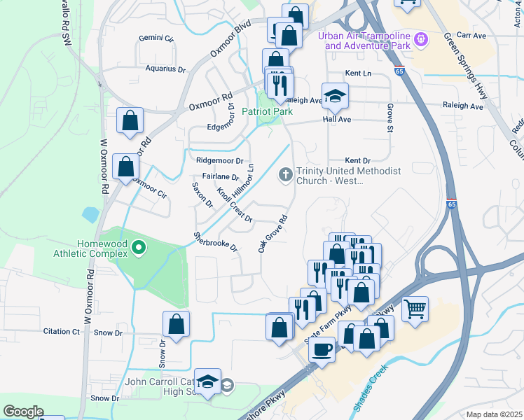 map of restaurants, bars, coffee shops, grocery stores, and more near 120 Knoll Crest Drive in Birmingham