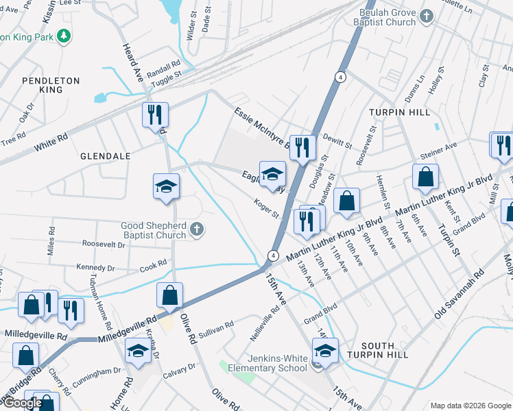 map of restaurants, bars, coffee shops, grocery stores, and more near 1516 Koger Street in Augusta