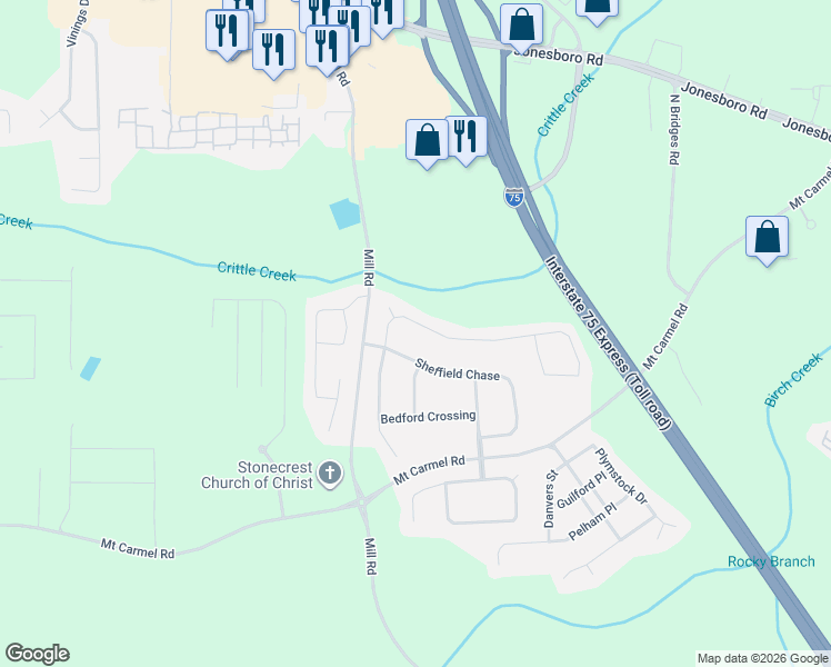 map of restaurants, bars, coffee shops, grocery stores, and more near 696 Hennepin Terrace in McDonough