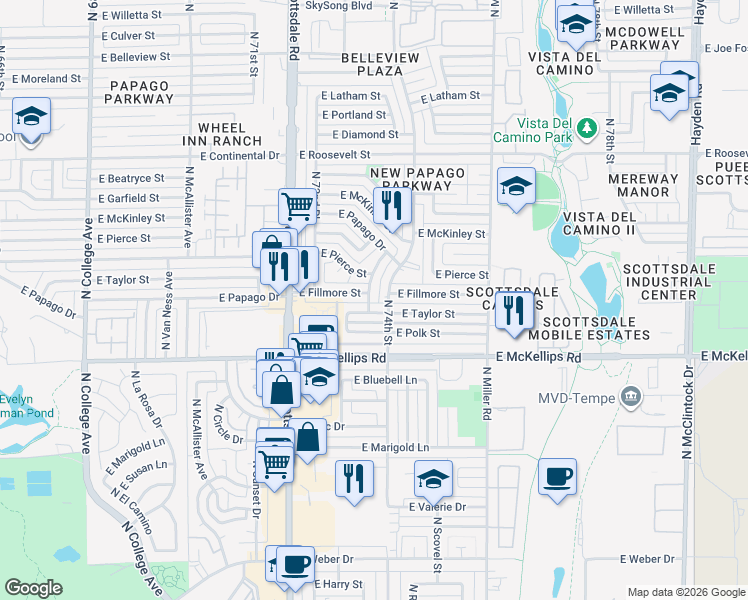 map of restaurants, bars, coffee shops, grocery stores, and more near 7338 East Taylor Street in Scottsdale