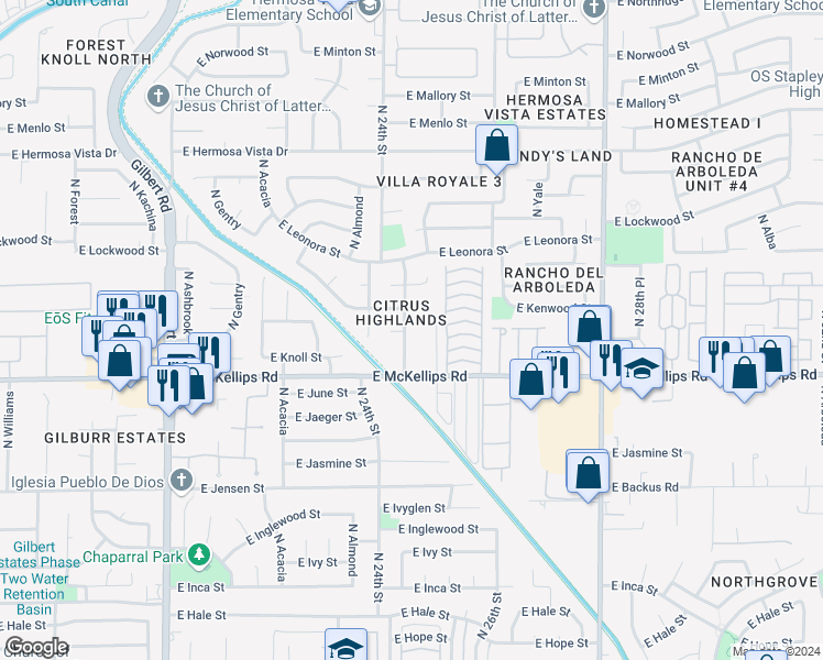 map of restaurants, bars, coffee shops, grocery stores, and more near 2045 North Winterhaven in Mesa