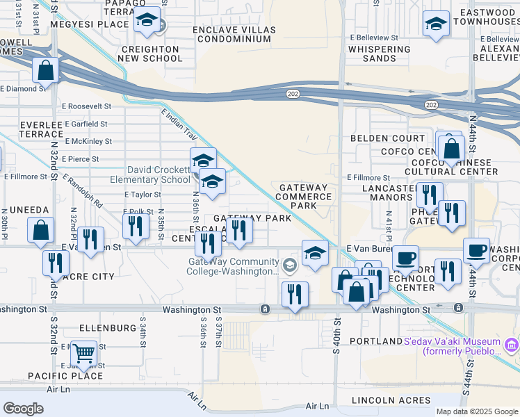 map of restaurants, bars, coffee shops, grocery stores, and more near 3735 East Taylor Street in Phoenix