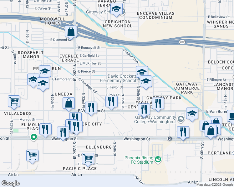 map of restaurants, bars, coffee shops, grocery stores, and more near 3449 East Polk Street in Phoenix