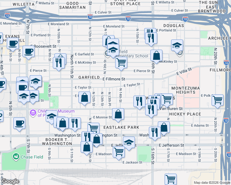 map of restaurants, bars, coffee shops, grocery stores, and more near 1336 East Polk Street in Phoenix