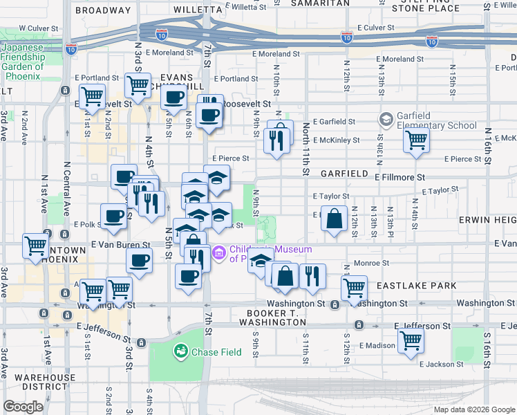 map of restaurants, bars, coffee shops, grocery stores, and more near 904 East Polk Street in Phoenix