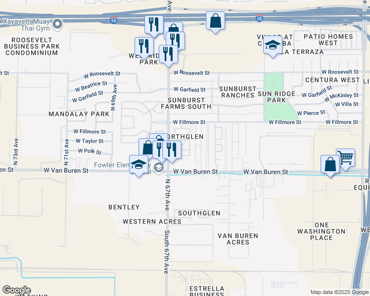 map of restaurants, bars, coffee shops, grocery stores, and more near 6605 West Polk Street in Phoenix