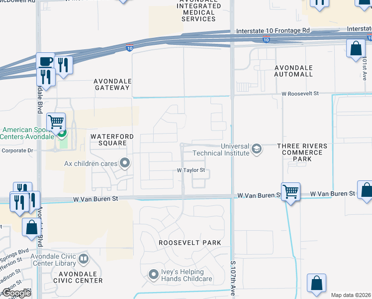 map of restaurants, bars, coffee shops, grocery stores, and more near 615 North Roosevelt Parkway in Avondale