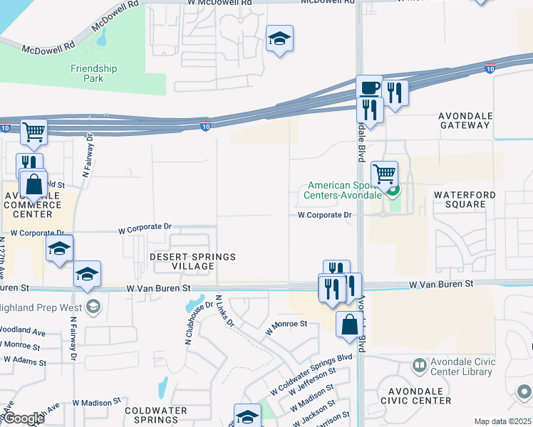 map of restaurants, bars, coffee shops, grocery stores, and more near 617 North 119th Drive in Avondale