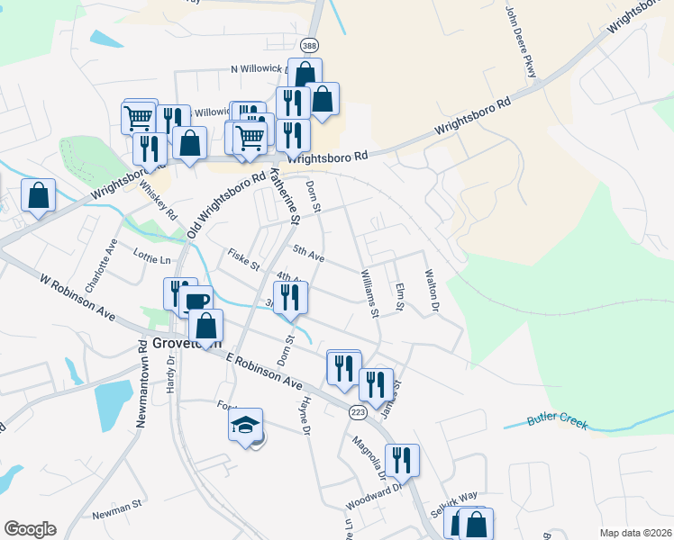 map of restaurants, bars, coffee shops, grocery stores, and more near 204 5th Avenue in Grovetown
