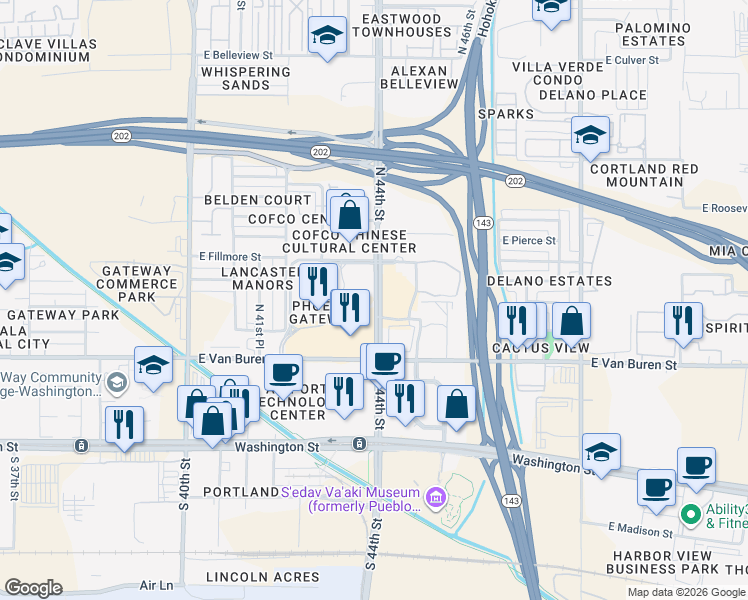 map of restaurants, bars, coffee shops, grocery stores, and more near 426 North 44th Street in Phoenix