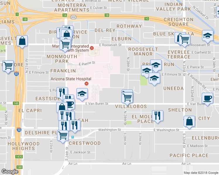 map of restaurants, bars, coffee shops, grocery stores, and more near Az State Asylum in Phoenix