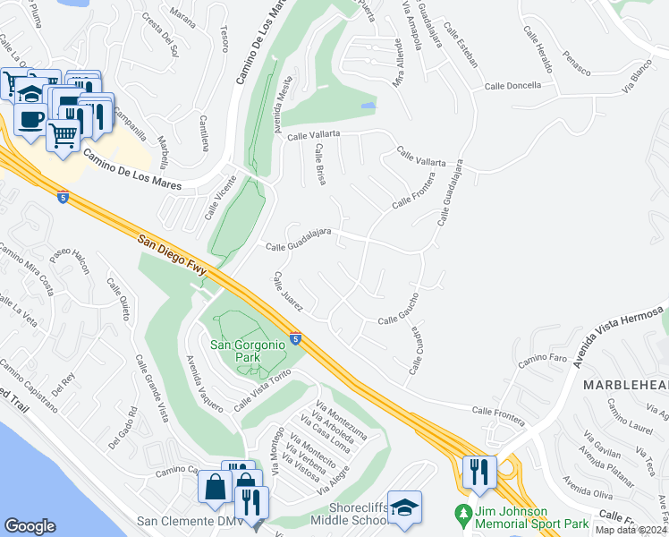 map of restaurants, bars, coffee shops, grocery stores, and more near 511 Calle Amigo in San Clemente