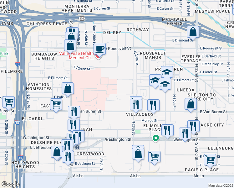 map of restaurants, bars, coffee shops, grocery stores, and more near Az State Asylum in Phoenix